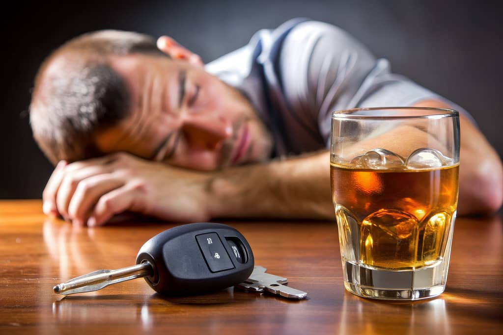 A man resting his head near a glass of alcohol and car keys, illustrating the dangers of driving under the influence (DUI) in Thornhill, CA, and the legal implications of DUI charges.