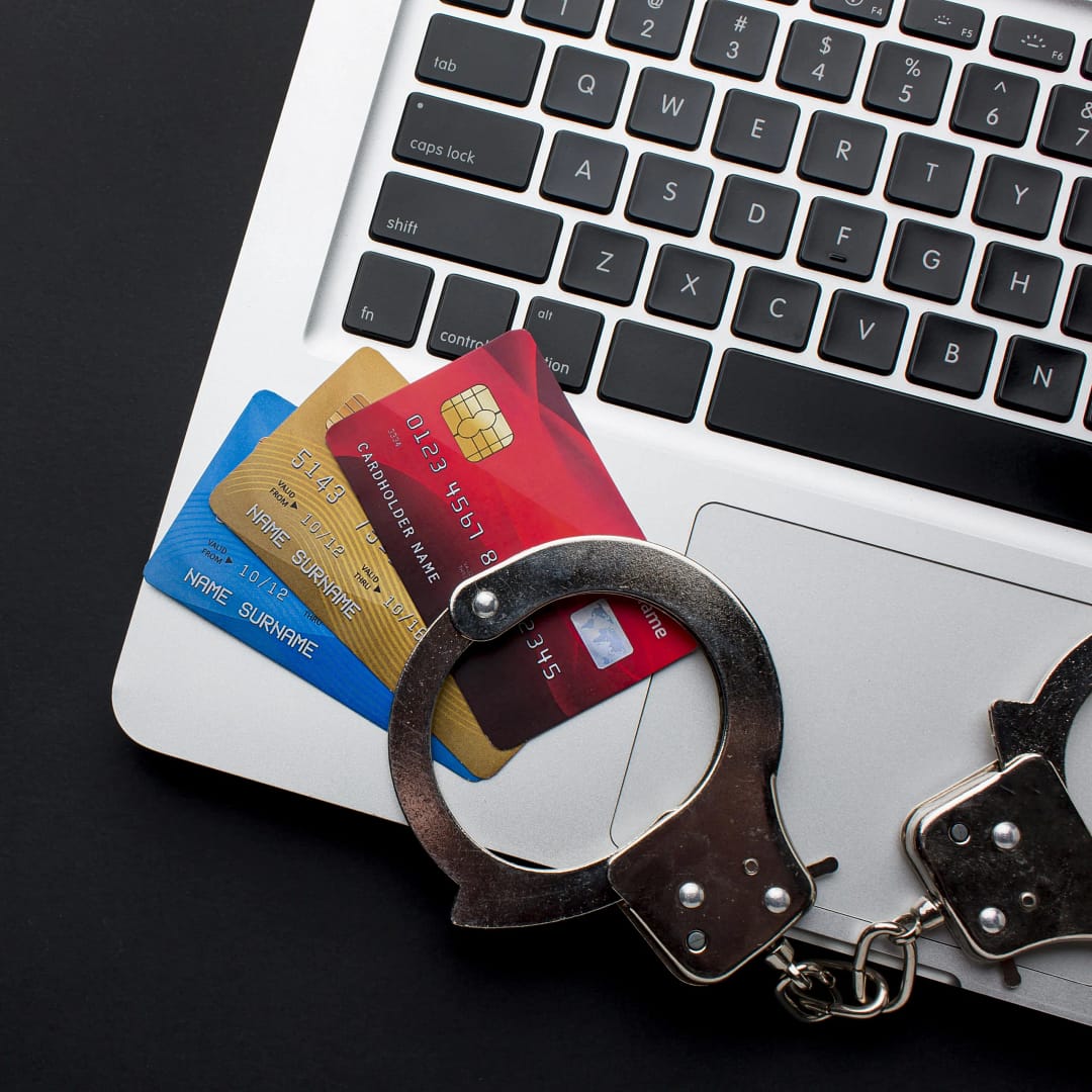 Credit cards and handcuffs on a laptop keyboard, symbolizing fraud and identity theft protection in Thornhill, Ontario – legal assistance in cybercrime cases.